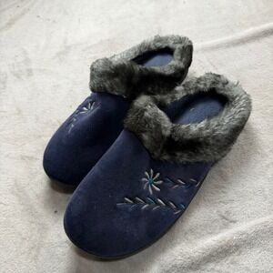 Womens Navy Blue Faux Suede Floral Embroidered Faux Fur Trim Slipper Mules Clogs